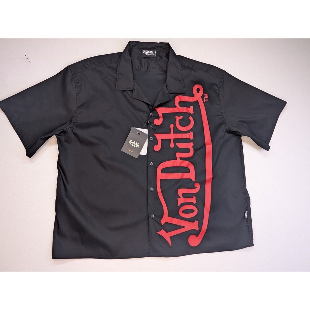 Von Dutch Men's XXL Short Sleeve Button Up Shirt Black Red Logo Stretch NWT $80